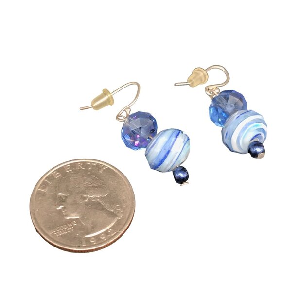 Dangling Blue Art Glass Earrings, Vintage, Made with Swarovski Crystals - Picture 3 of 4